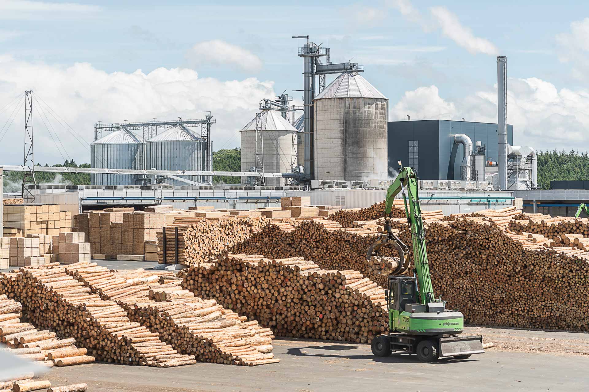 The large round wood yard in Lauterbach - A machine lifts tree trunks